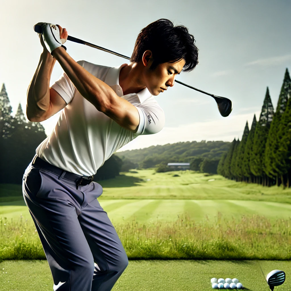 A-Japanese-golfer-practicing-on-a-golf-course-focusing-on-wrist-angle-control-during-a-half-swing.-The-golfer-is-mid-swing-maintaining-wrist-cock-and.webp