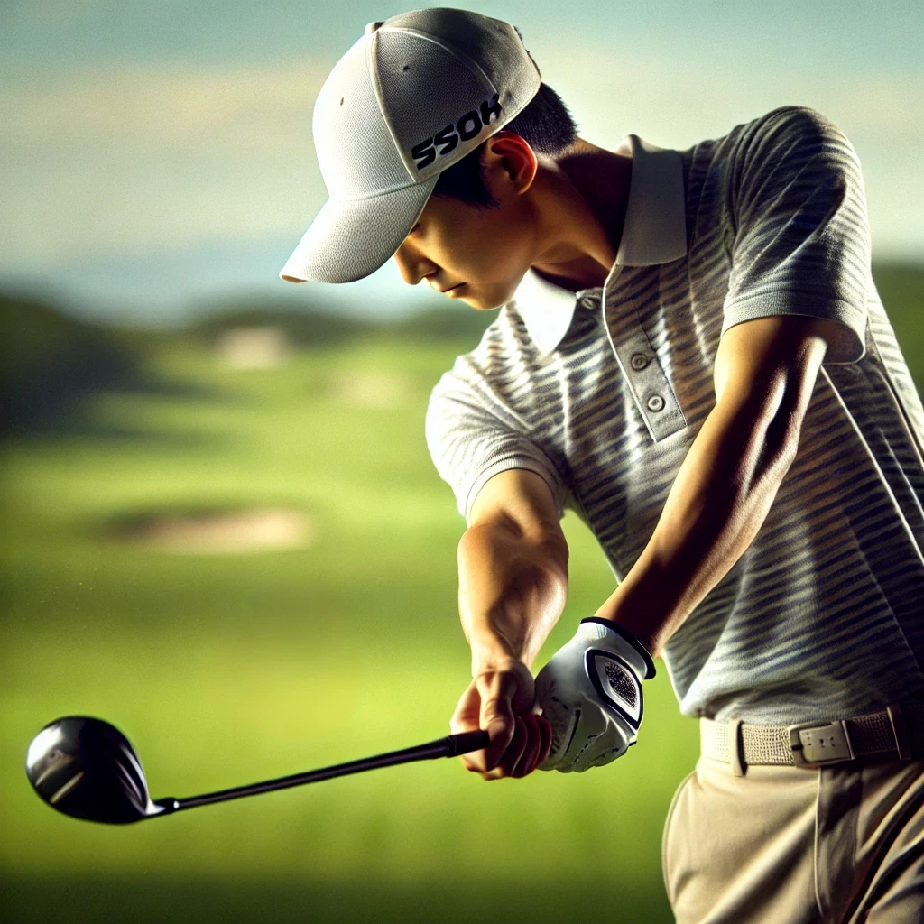 A-Japanese-golfer-at-the-moment-of-a-golf-swing-focusing-on-the-correct-use-of-the-wrists.-The-golfers-hand-positioning-is-precise-with-the-wrists-.webp