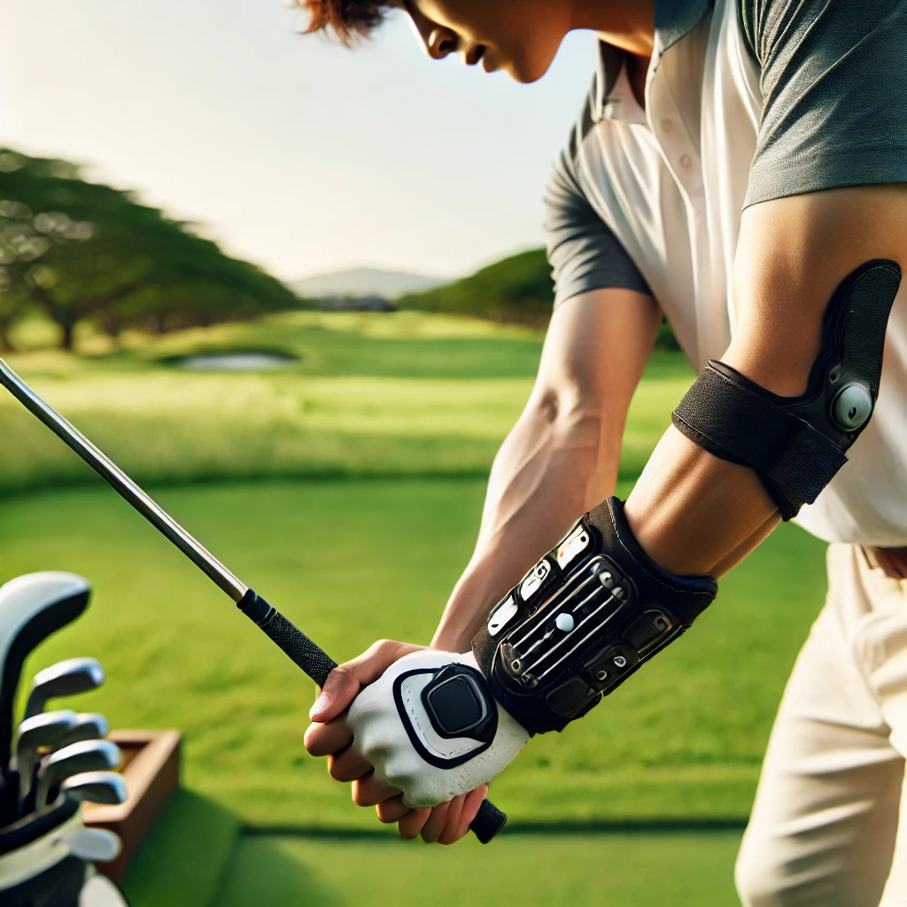 A-Japanese-golfer-practicing-with-a-wrist-training-device-on-a-golf-course.-The-golfer-is-wearing-a-wrist-brace-or-wrist-trainer-designed-to-help-main.webp