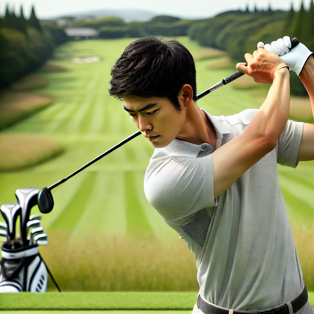 A-Japanese-golfer-practicing-on-a-golf-course-focusing-on-keeping-the-wrist-firm-and-not-letting-it-become-loose-or-floppy.-The-golfer-is-mid-swing.webp