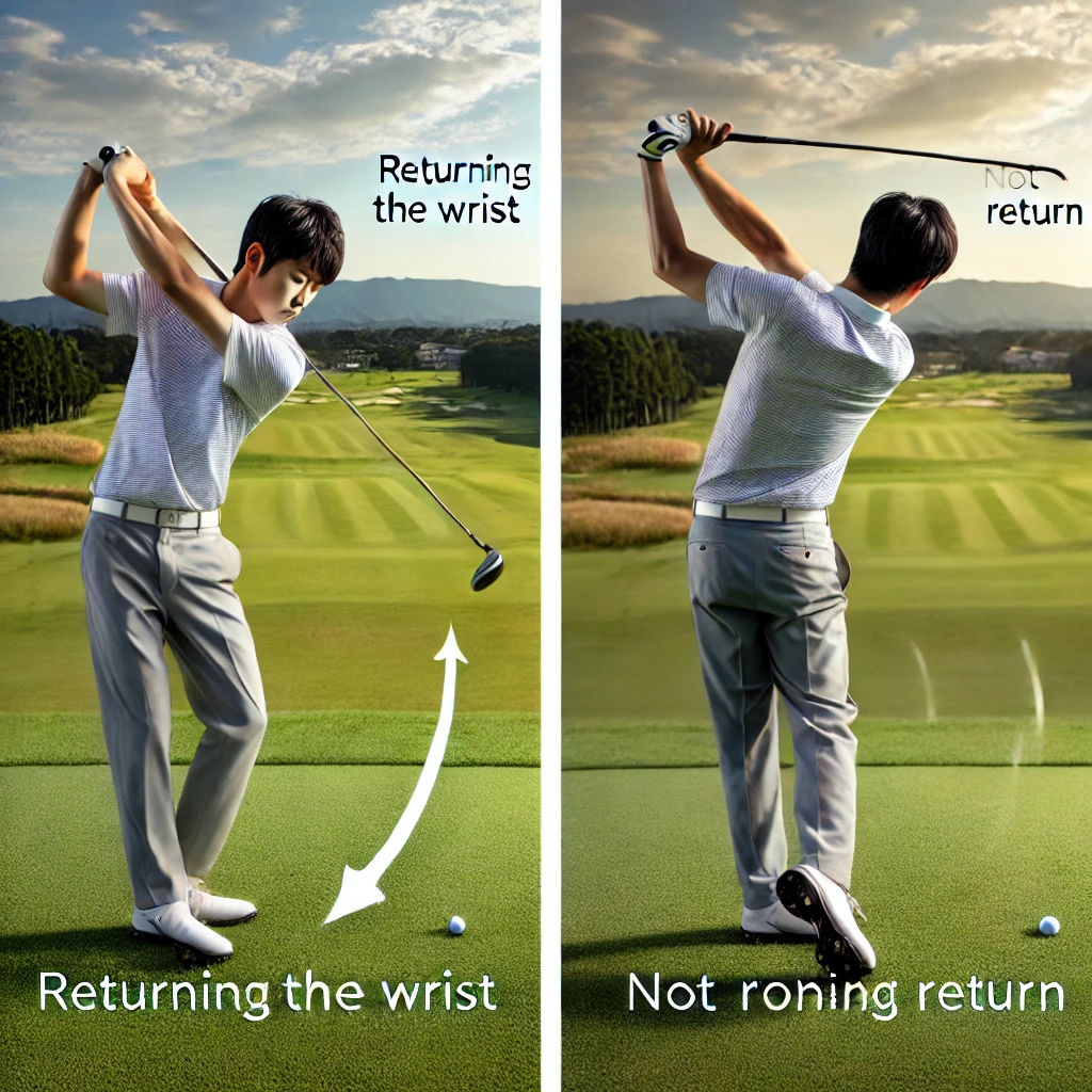 A-Japanese-golfer-mid-swing-on-a-golf-course-focusing-on-the-difference-between-returning-the-wrist-and-not-returning-it.-The-golfer-is-demonstrating.webp