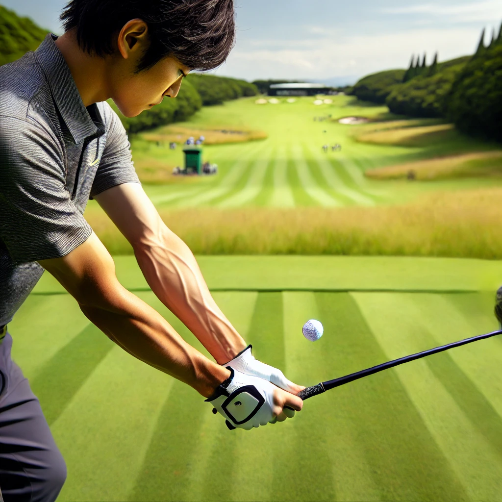 A-Japanese-golfer-in-mid-swing-on-a-golf-course-focusing-on-whether-to-stop-or-continue-the-wrist-motion-at-the-moment-of-impact.-The-golfers-wrist-.webp