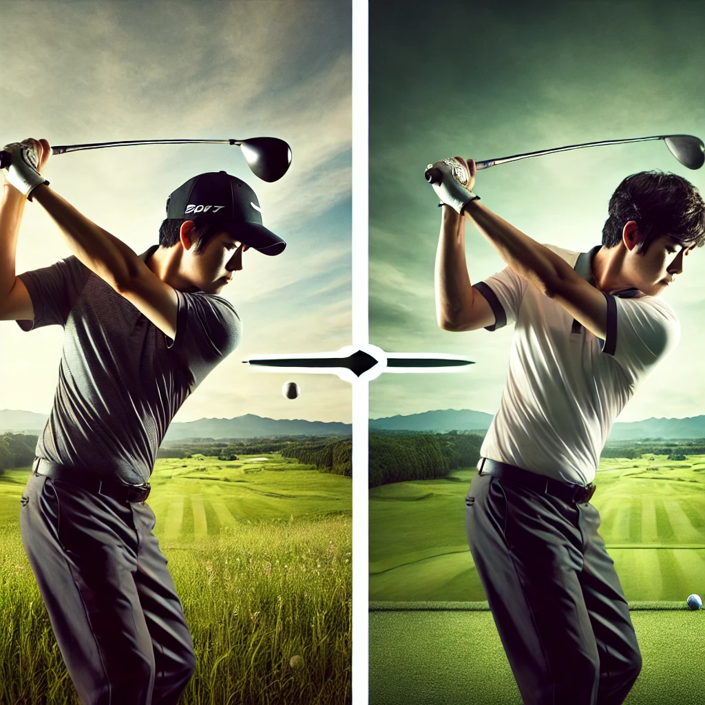 A-split-image-showing-a-Japanese-golfer-using-both-a-driver-and-an-iron-in-a-golf-swing.-The-left-side-displays-the-golfer-with-a-driver-maintaining-.webp