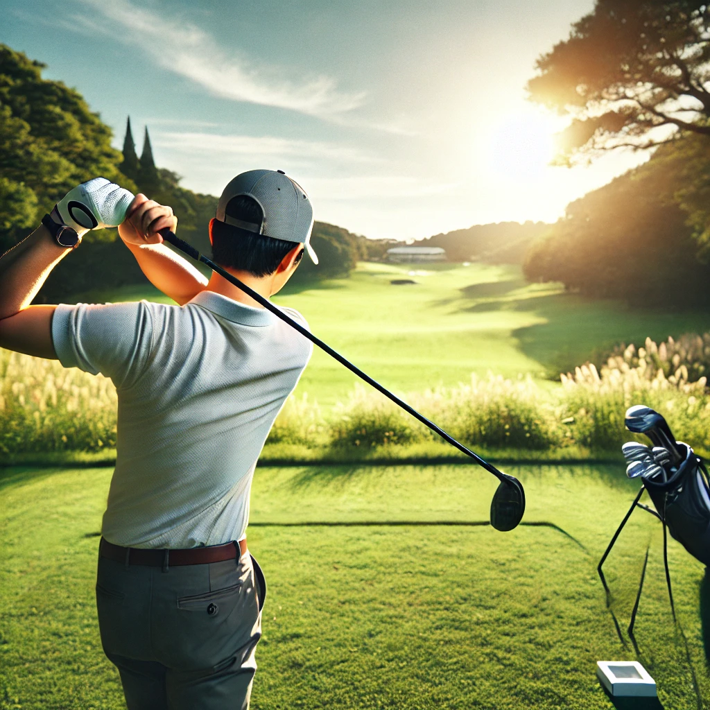 A-Japanese-golfer-on-a-sunny-golf-course-practicing-a-golf-swing-focusing-on-maintaining-wrist-cock-through-impact.-The-golfers-hands-and-wrists-are.webp