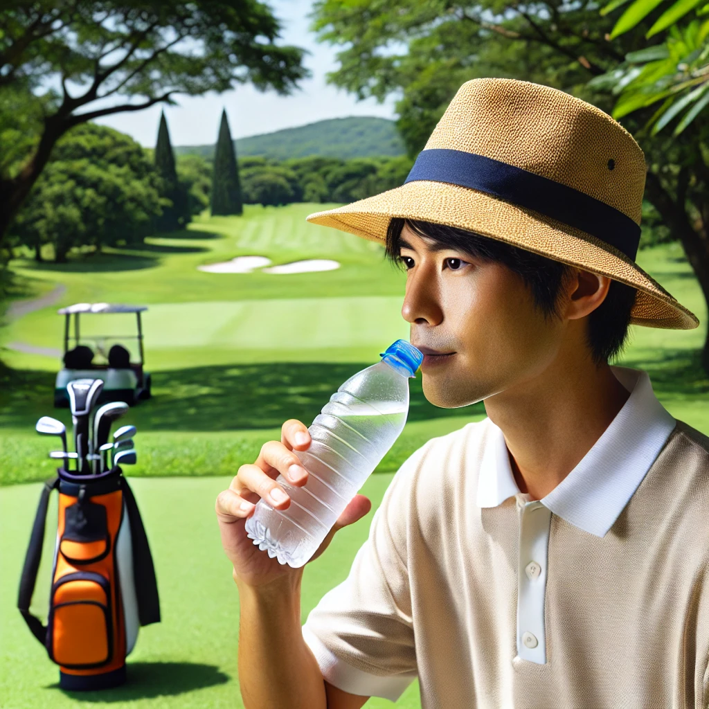 A-realistic-photograph-of-a-Japanese-golfer-on-a-sunny-course-taking-a-break-in-the-shade-drinking-water-and-wearing-a-hat.-The-golfer-looks-relaxed.webp