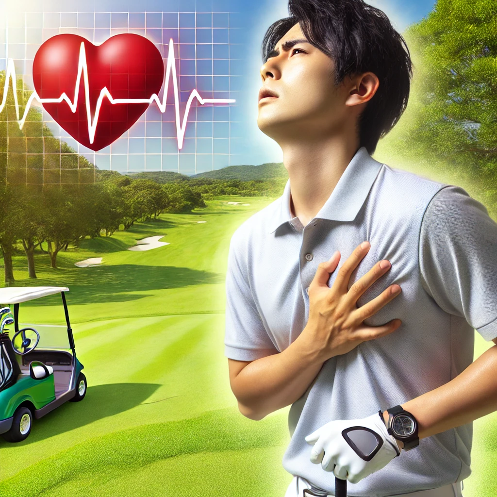 A-realistic-photograph-showing-a-Japanese-golfer-looking-exhausted-and-holding-his-chest-while-playing-on-a-hot-day.-The-scene-illustrates-the-risk-of.webp