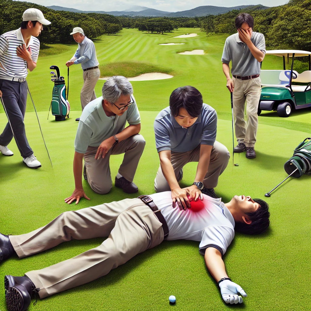 A-realistic-photograph-of-a-Japanese-golfer-collapsing-unexpectedly-on-the-golf-course-symbolizing-a-sudden-heart-related-issue-like-a-heart-attack.-.webp