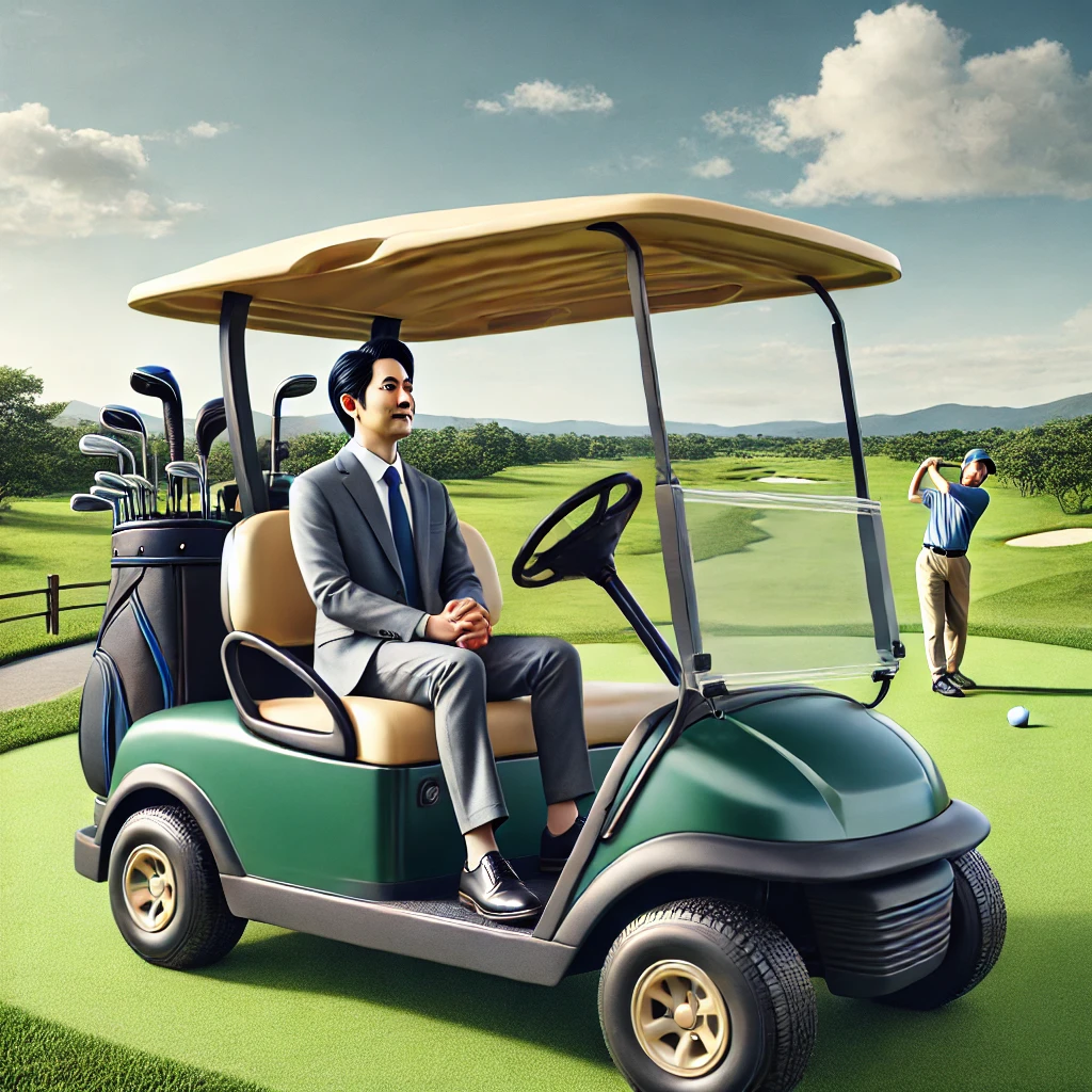 A-realistic-photograph-of-a-Japanese-golfer-using-a-golf-cart-instead-of-walking-on-the-course.-The-golfer-is-casually-sitting-in-the-cart-demonstrat.webp