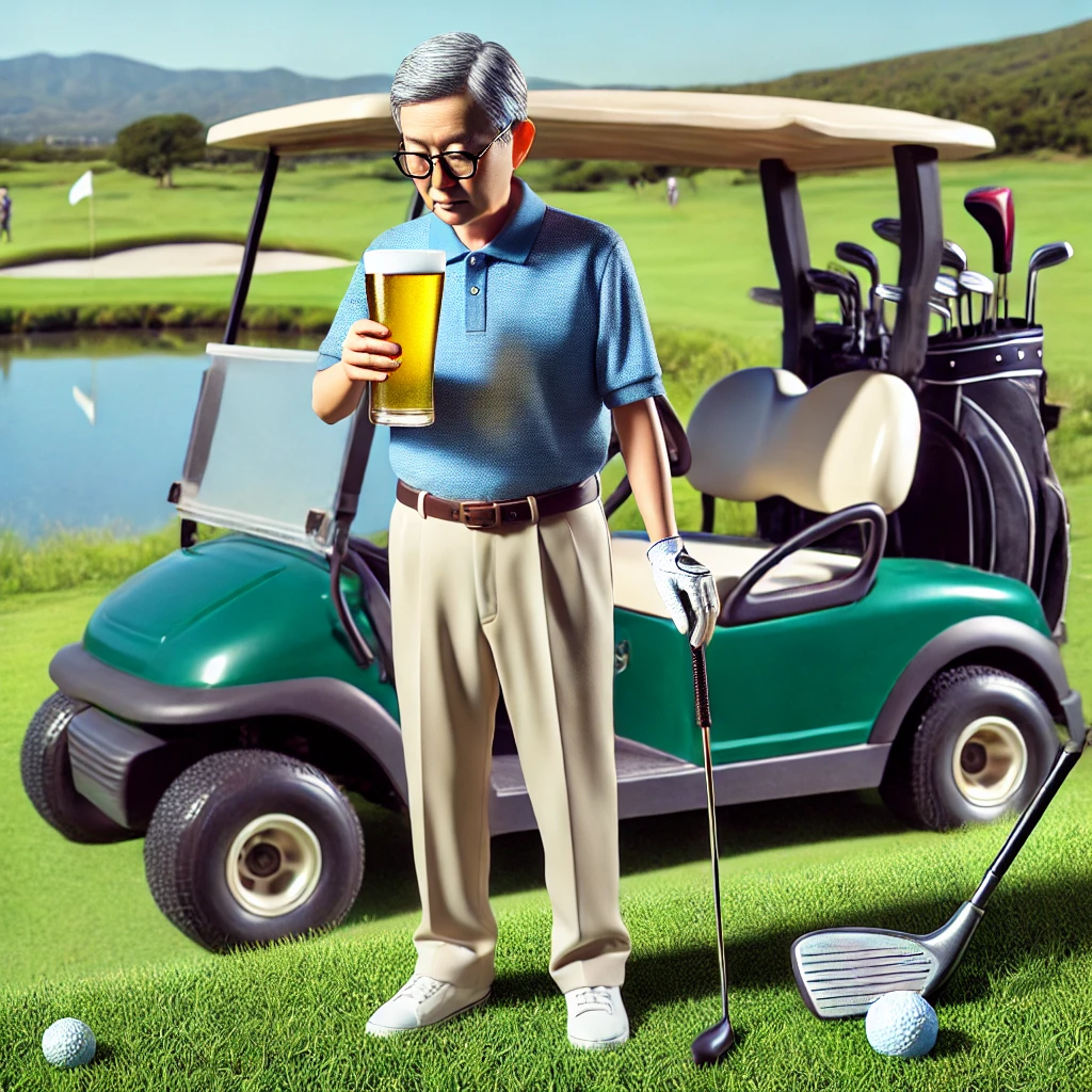 A-realistic-photograph-showing-a-middle-aged-Japanese-man-playing-golf-and-holding-a-drink-on-the-golf-course.-The-scene-illustrates-the-negative-habi.webp