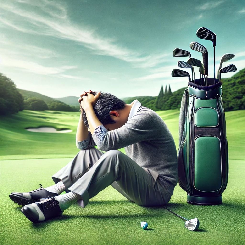 A-realistic-photograph-of-a-Japanese-golfer-sitting-down-on-a-golf-course-visibly-exhausted-and-holding-his-head-representing-the-risks-of-health-is.webp