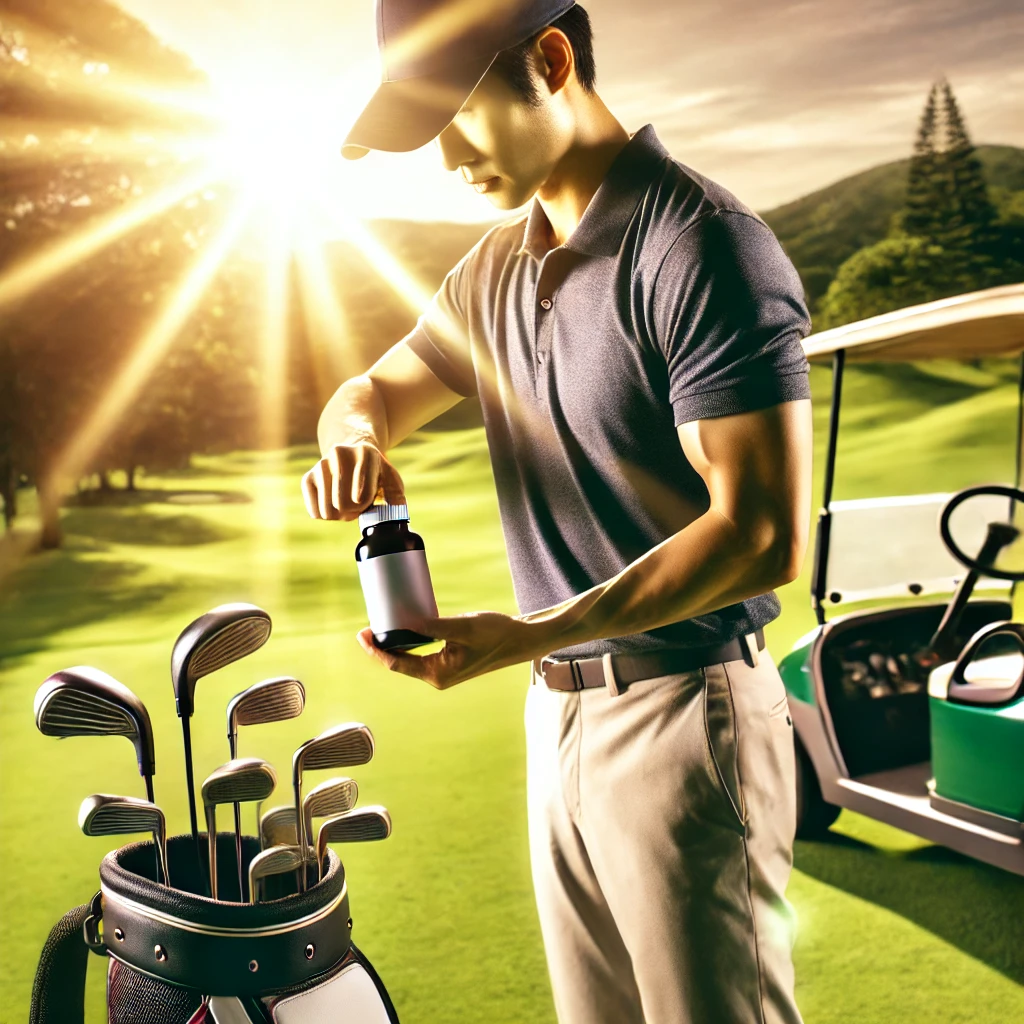 A-dynamic-photograph-showing-a-Japanese-golfer-standing-on-a-golf-course-holding-a-bottle-of-supplement-in-one-hand-about-to-take-it-with-a-golf-ba.webp