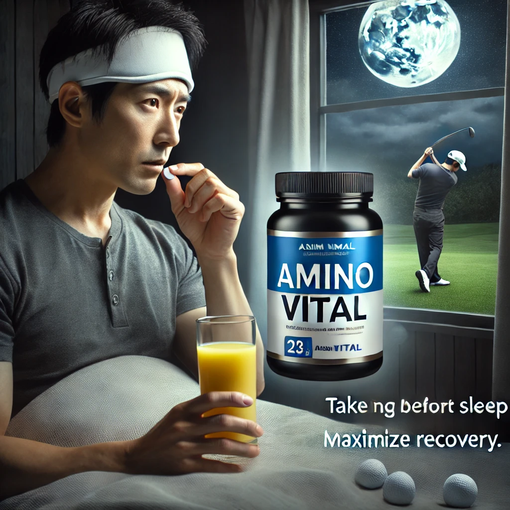 A-photograph-of-a-Japanese-golfer-relaxing-at-night-consuming-an-Amino-Vital-supplement-before-bed-highlighting-the-benefits-of-taking-the-supplemen.webp