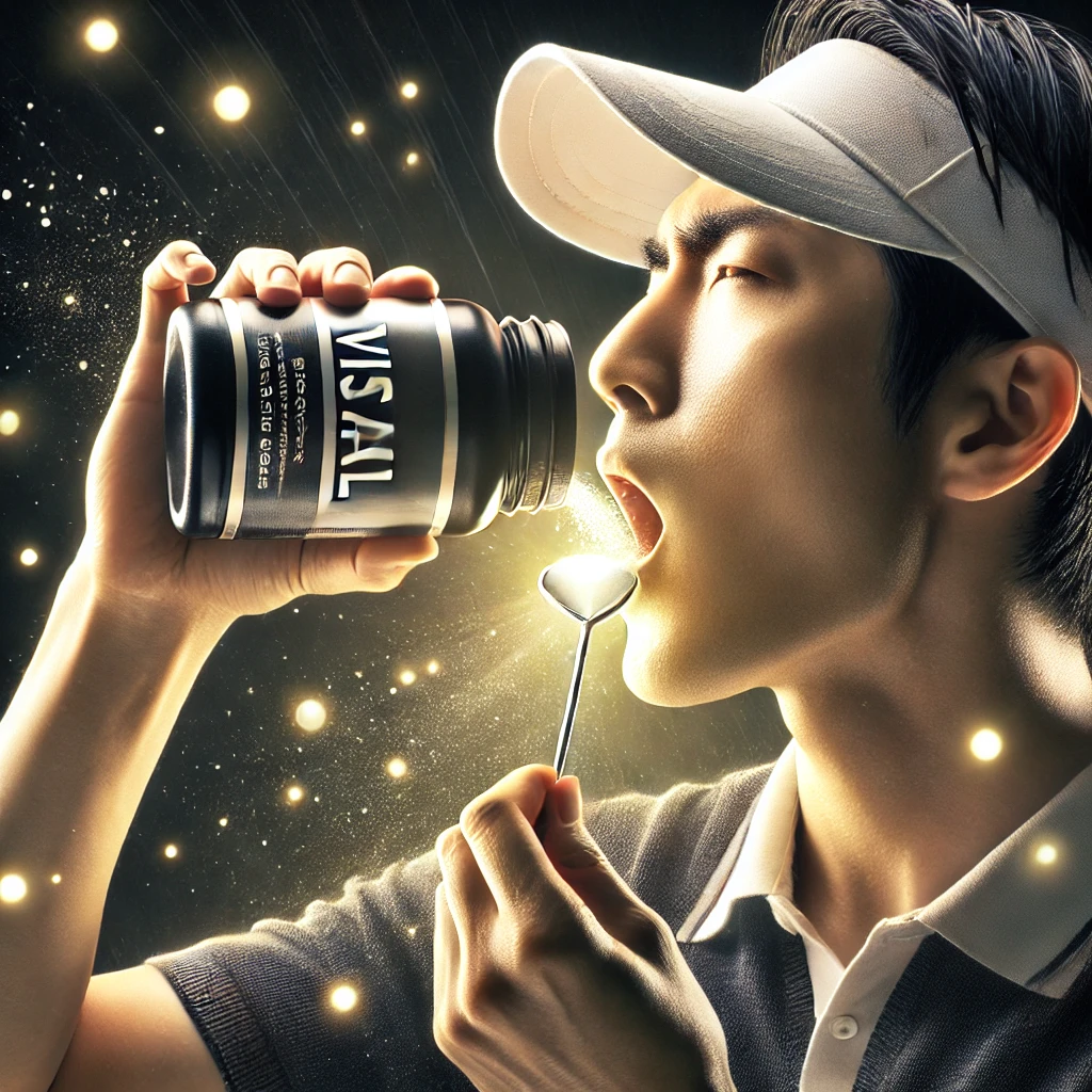 A-photograph-of-a-Japanese-golfer-consuming-a-sports-supplement-during-a-golf-game-highlighting-the-recommended-timing-for-taking-supplements-like-Am.webp