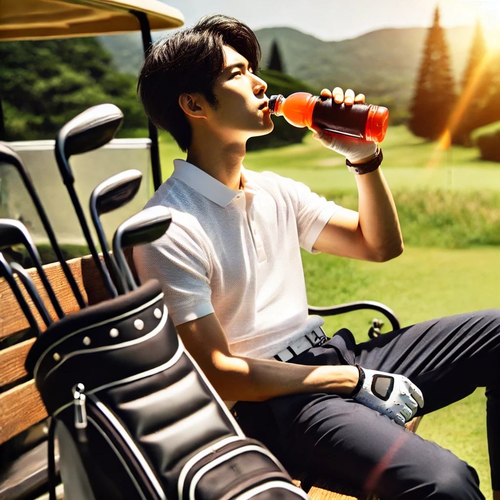 -A-photograph-of-a-Japanese-golfer-sitting-on-a-bench-during-a-break-drinking-a-sports-drink-from-a-bottle.-The-golfer-looks-refreshed-and-there-is-a.webp