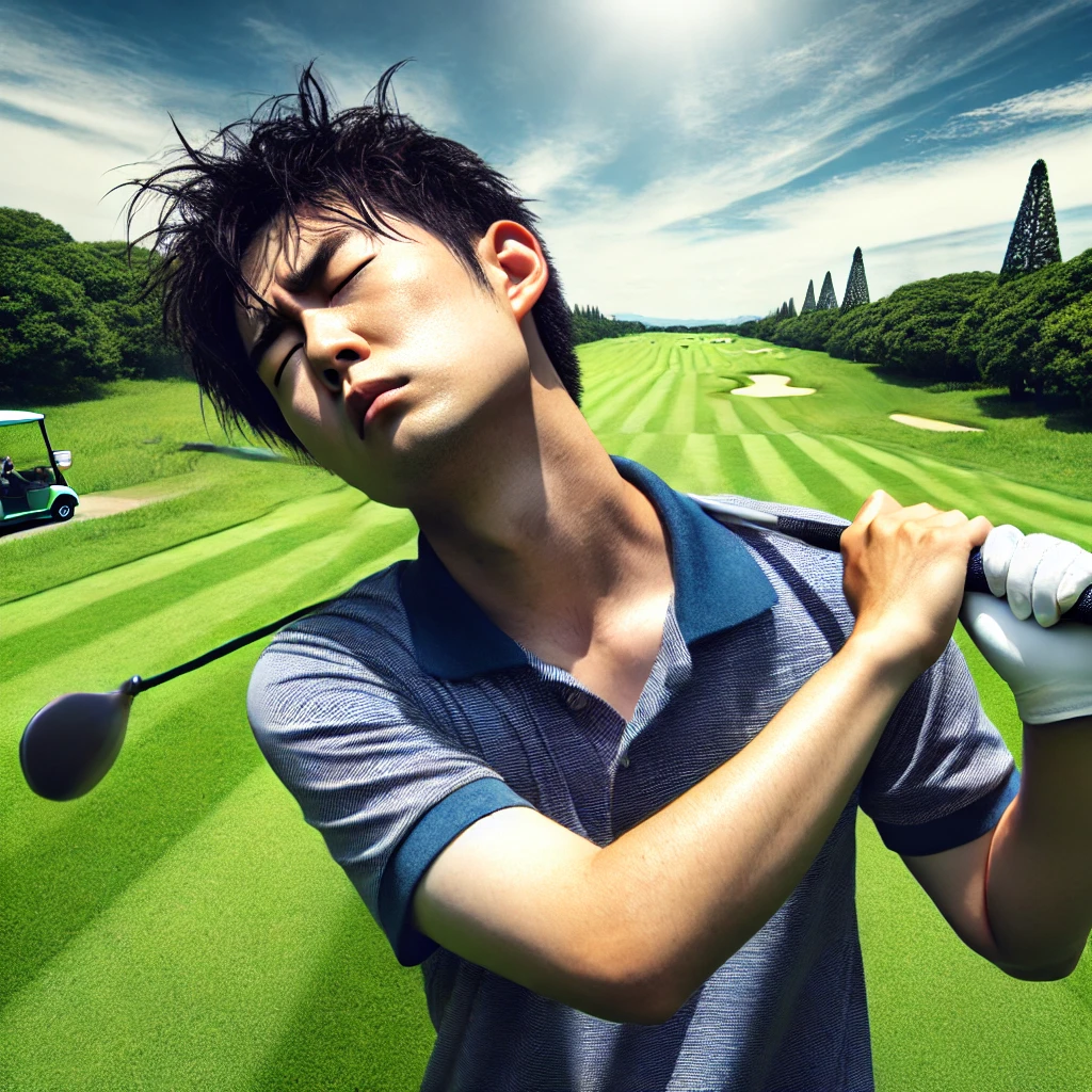 A-photograph-of-a-Japanese-golfer-mid-swing-appearing-tired-yet-focused-on-a-lush-green-golf-course.-The-image-shows-the-golfer-trying-to-maintain-f.webp