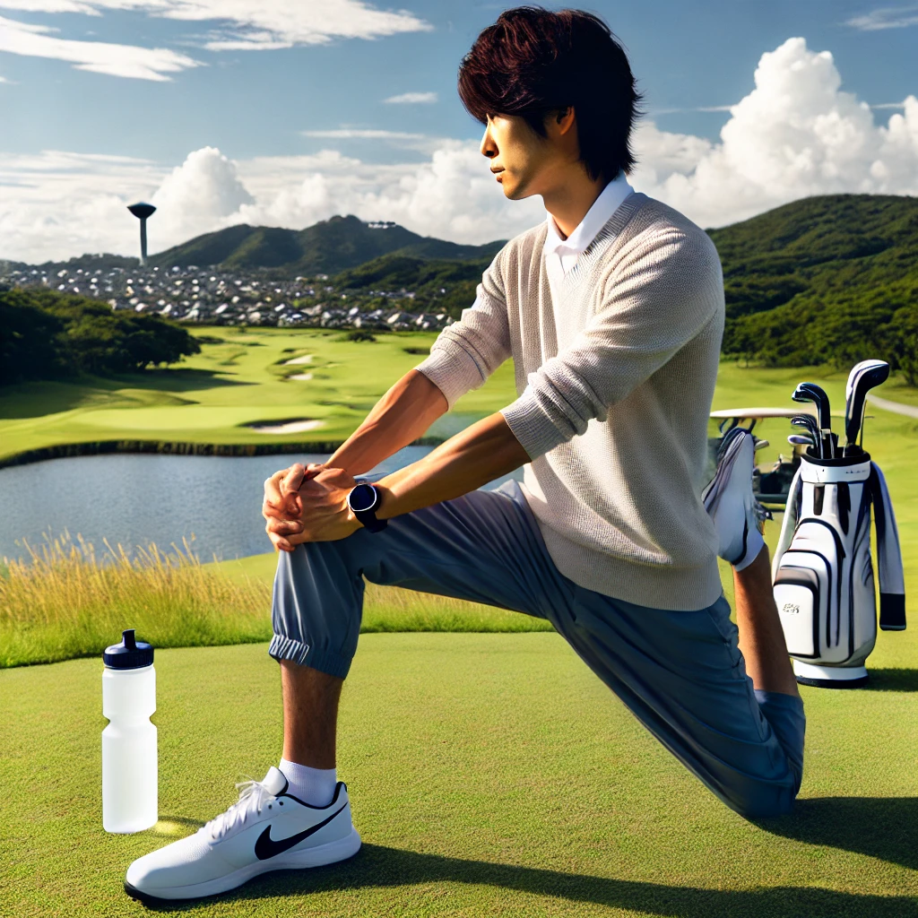 A-photograph-of-a-Japanese-golfer-stretching-during-a-break-on-the-golf-course-preparing-for-the-second-half-of-the-game-to-prevent-fatigue-with-a-s.webp