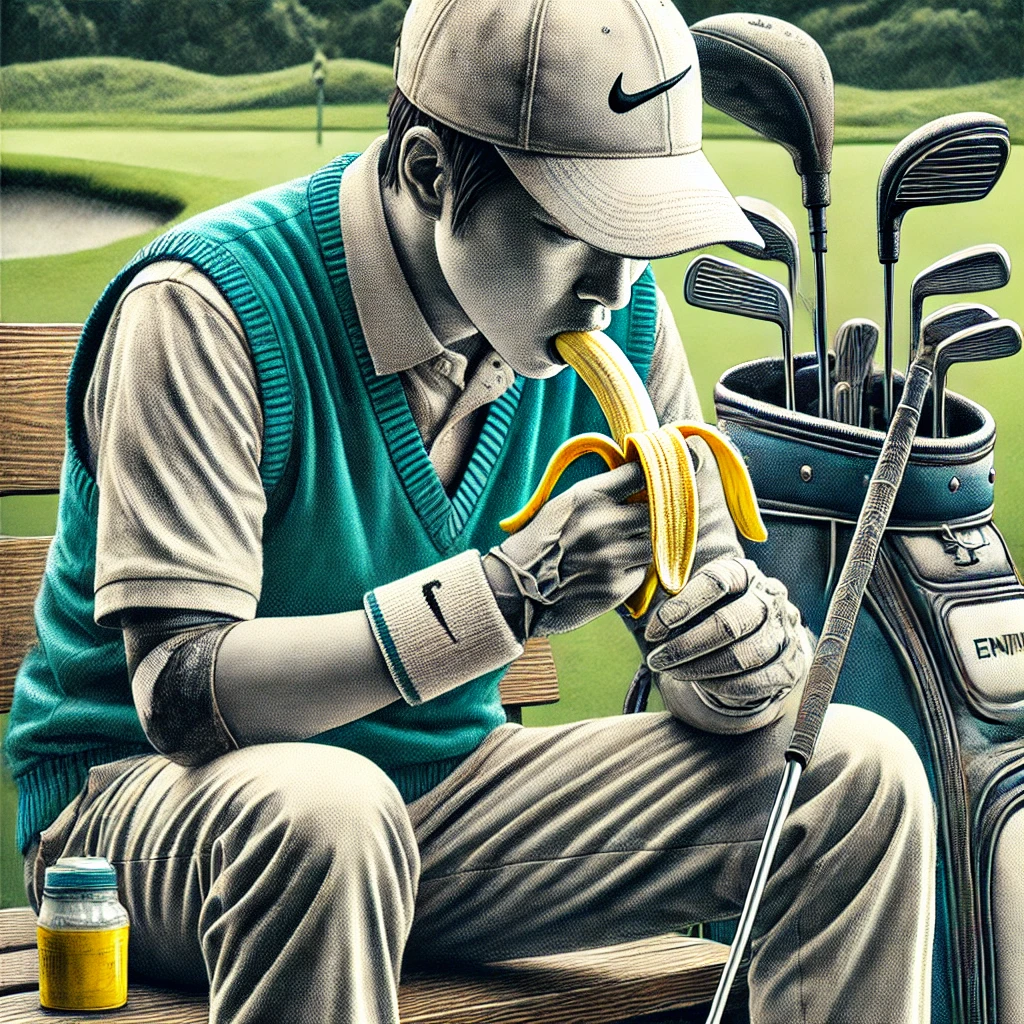 A-detailed-photograph-of-a-Japanese-golfer-taking-a-break-eating-a-banana-or-energy-snack-while-sitting-on-a-bench-highlighting-the-importance-of-pr.webp