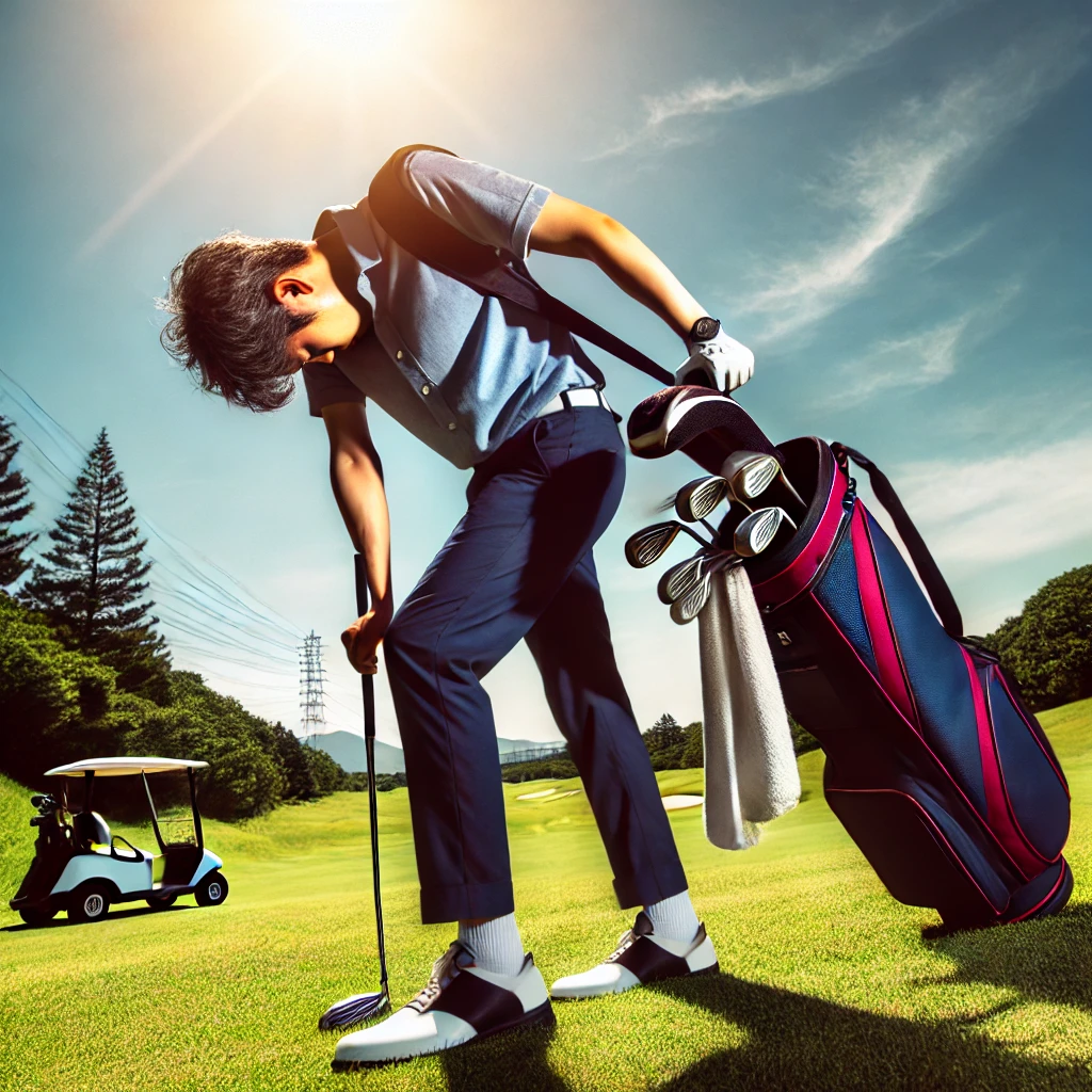 A-dynamic-photograph-of-a-Japanese-golfer-experiencing-fatigue-during-a-long-golf-session-walking-across-a-sunny-golf-course-with-a-tired-expression.webp