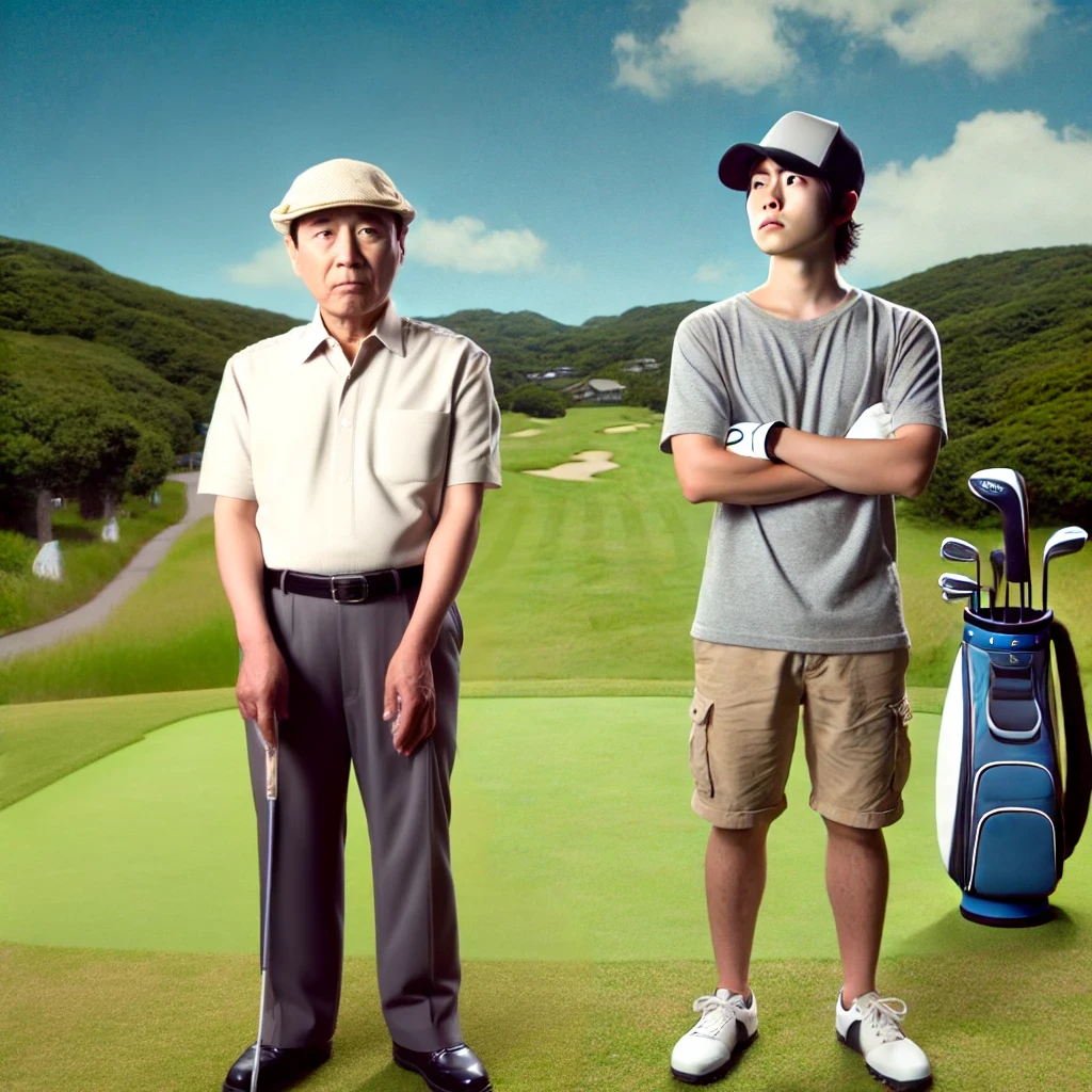 A-scene-depicting-a-generational-clash-on-a-golf-course-between-two-Japanese-golfers-both-now-dressed-in-proper-golf-attire-following-the-standard-go.webp