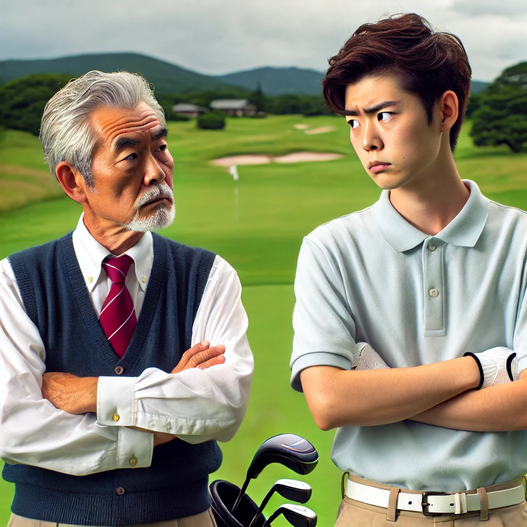 A-generational-clash-on-a-Japanese-golf-course-where-an-older-golfer-is-seen-giving-a-stern-look-to-a-younger-golfer.-The-older-man-is-dressed-formall.webp