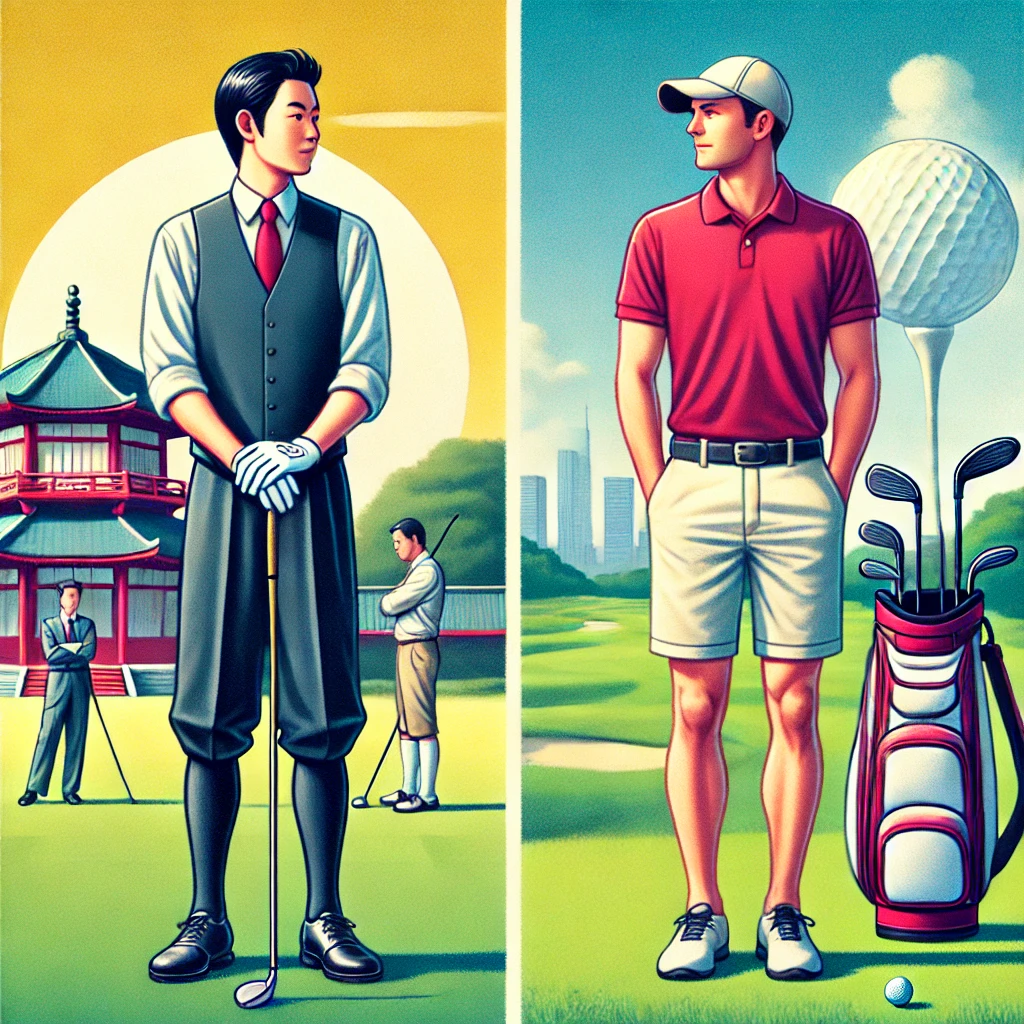 A-comparison-scene-between-a-Japanese-golfer-on-a-strict-traditional-golf-course-with-a-formal-dress-code-and-another-golfer-on-a-more-casual-Americ.webp