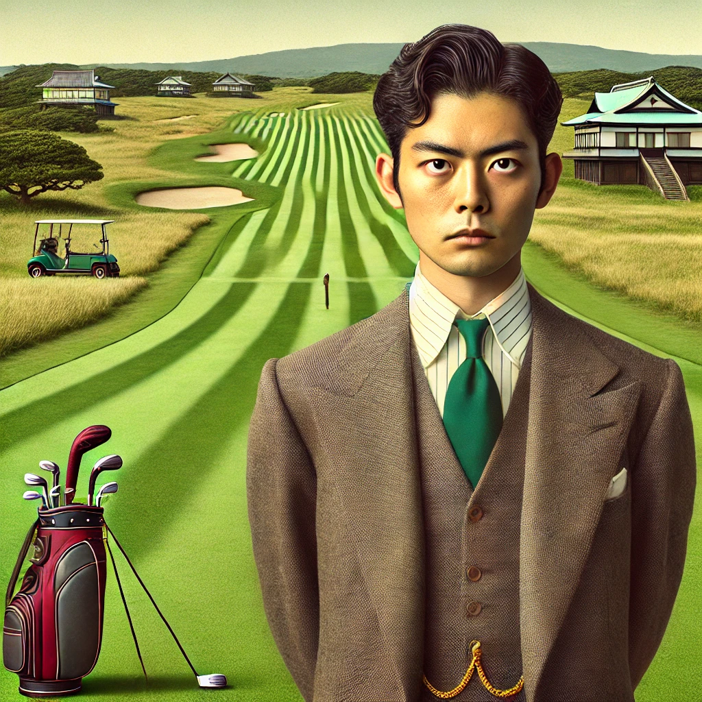 -A-photograph-of-a-Japanese-golfer-on-a-traditional-golf-course-dressed-in-formal-golf-attire-with-a-serious-expression-contrasting-with-the-modern-v.webp