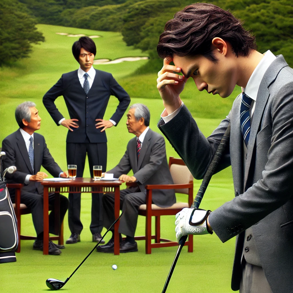 A-photograph-of-a-Japanese-golfer-participating-in-a-business-focused-golf-match.-The-golfer-looks-stressed-with-a-formal-posture-and-a-serious-expre.webp