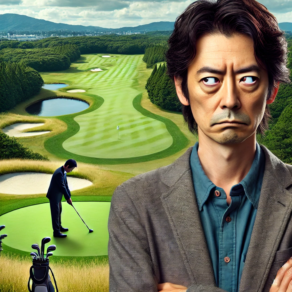 A-photograph-of-a-Japanese-celebrity-who-is-known-for-disliking-golf-standing-away-from-a-golf-course-with-a-neutral-or-slightly-disapproving-express.webp