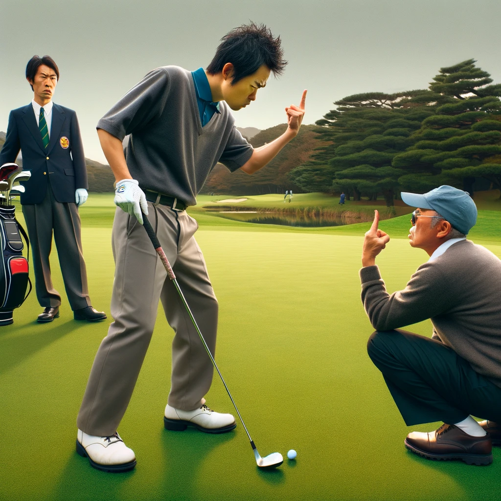 A-photograph-of-two-Japanese-golfers-one-behaving-in-an-uncouth-manner-possibly-arguing-or-making-rude-gestures-while-another-golfer-looks-on-disap.webp