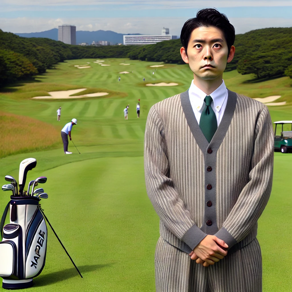 A-photograph-of-a-Japanese-golfer-wearing-outdated-formal-golf-attire-including-a-collared-shirt-and-jacket-standing-on-a-golf-course.-The-golfer-a.webp