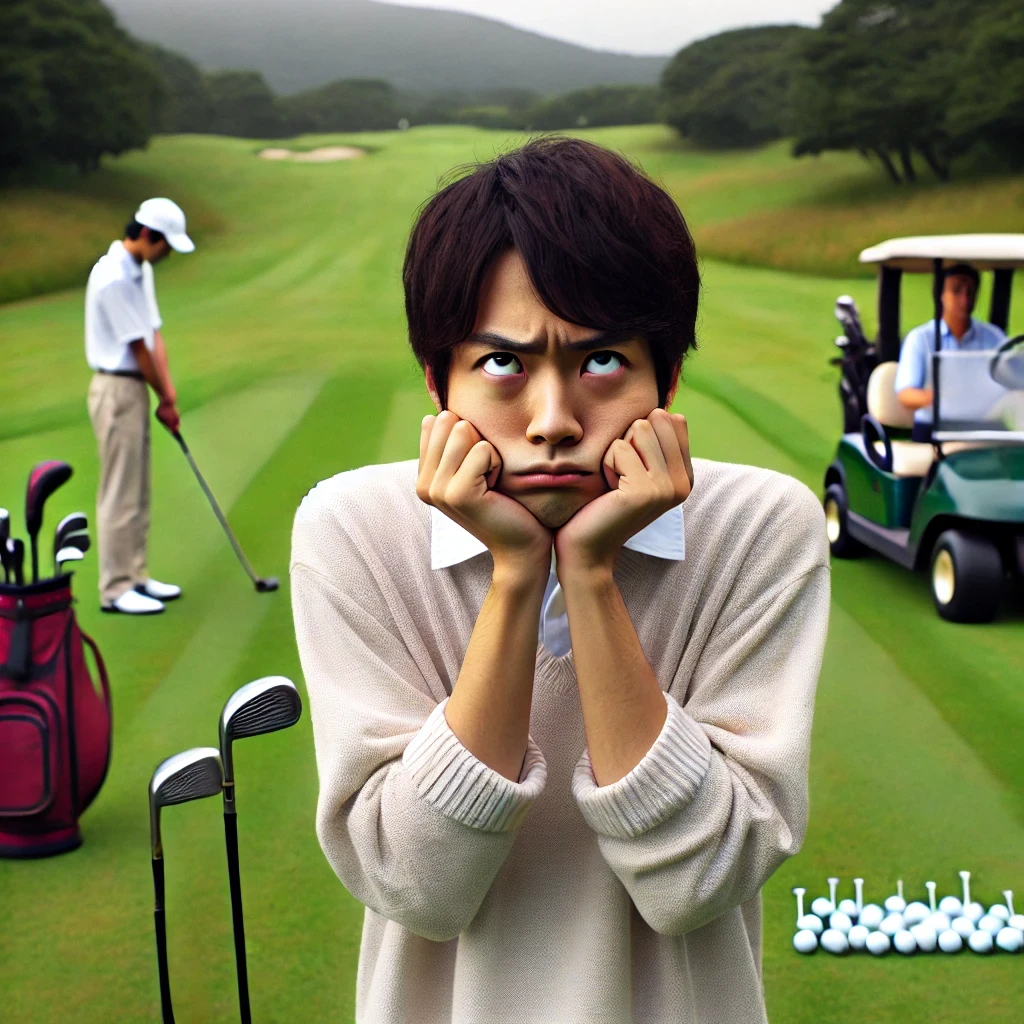 A-photograph-showing-a-Japanese-golfer-frustrated-by-strict-golf-course-rules-standing-on-a-quiet-well-manicured-golf-course.-Other-golfers-are-in-t.webp