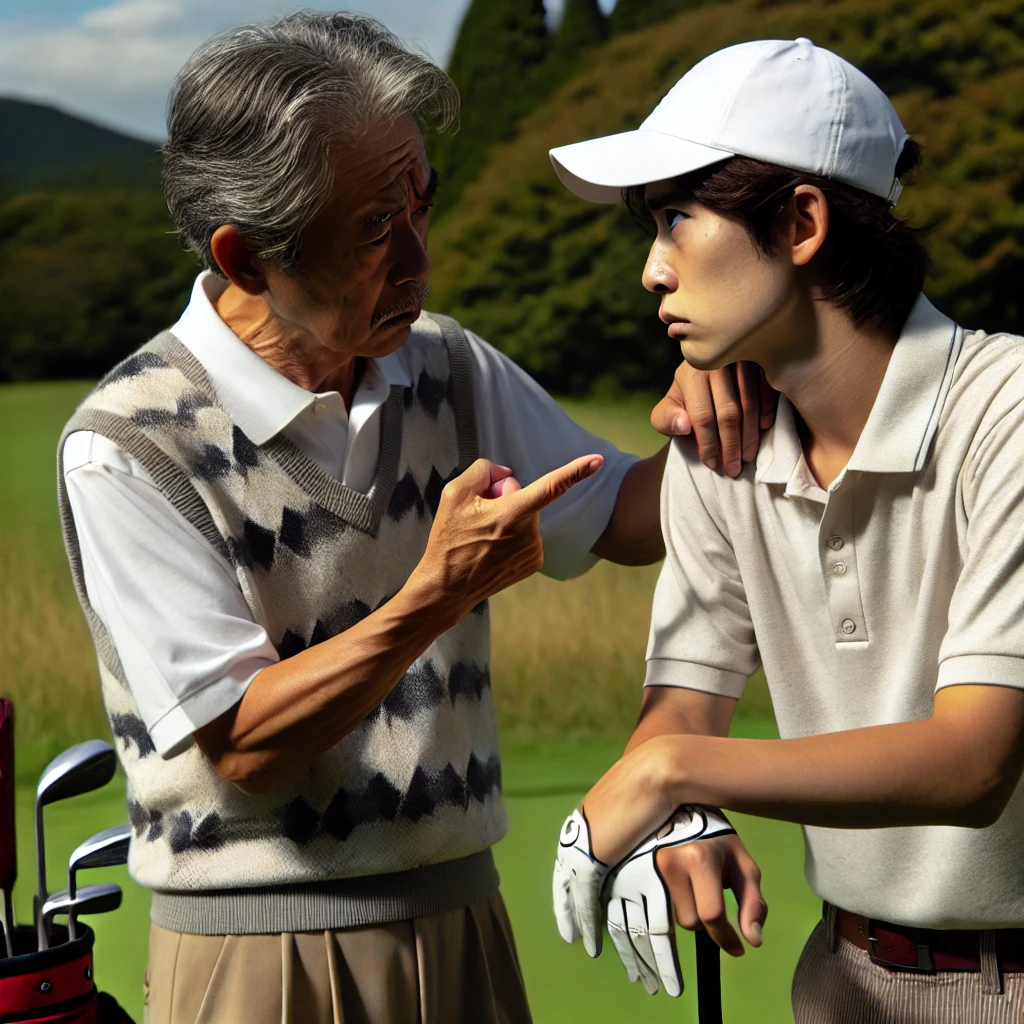 A-photograph-depicting-two-Japanese-golfers-one-older-and-one-younger-having-a-tense-conversation-on-a-golf-course.-The-scene-should-illustrate-a-si.webp