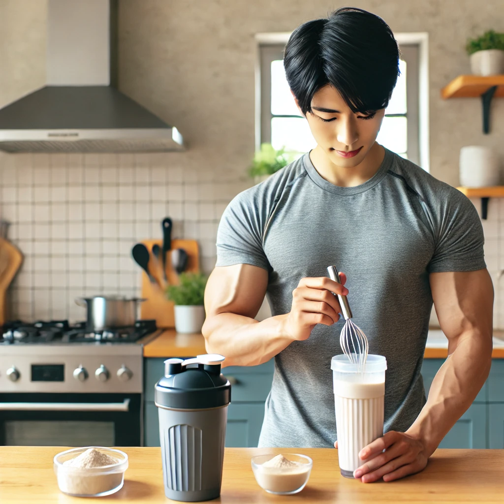 A-Japanese-person-in-a-modern-kitchen-setting-preparing-a-protein-shake-after-a-workout-to-enhance-the-benefits-of-muscle-training.-The-environment-s.webp