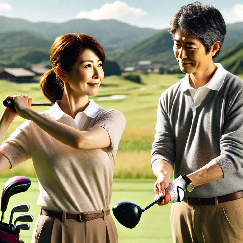 A-Japanese-woman-golfer-in-her-50s-practicing-her-swing-with-a-coach.-The-woman-is-holding-a-driver-and-the-coach-stands-beside-her-giving-advice.-Th.webp