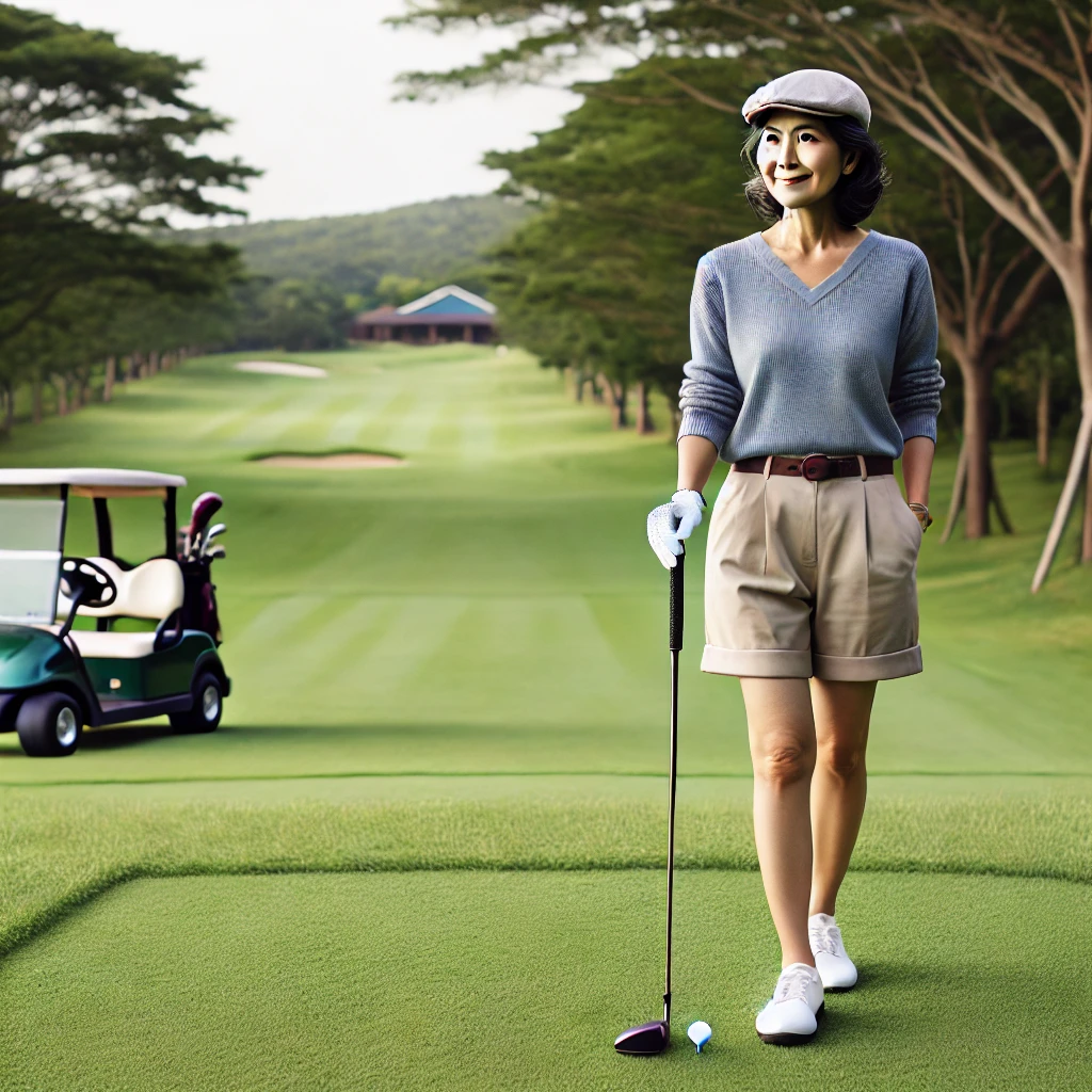 A-Japanese-woman-golfer-in-her-50s-on-a-golf-course-playing-smoothly-without-rushing-to-represent-the-idea-of-not-causing-delays-on-the-course.-The-.webp