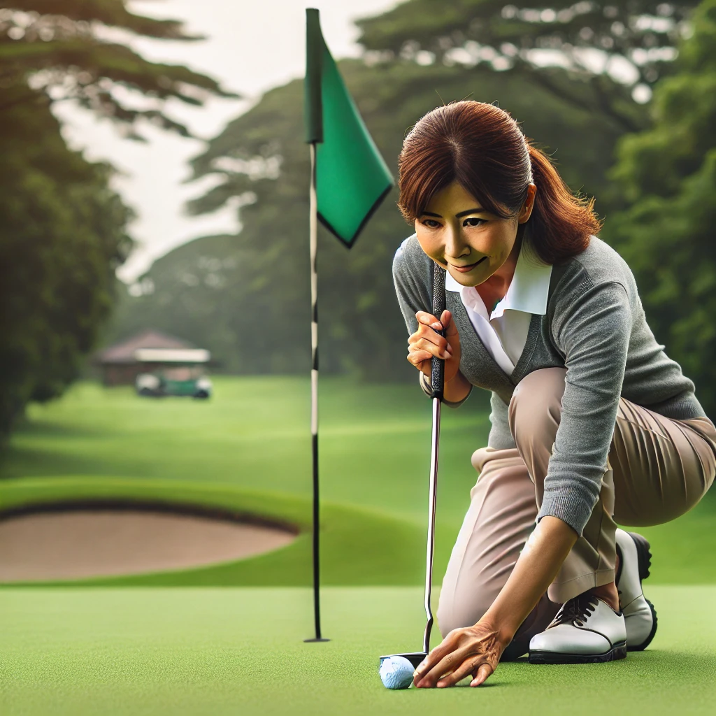 A-skilled-Japanese-woman-golfer-in-her-50s-playing-a-round-of-golf-representing-a-golfer-with-a-strong-low-score.-She-is-finishing-a-precise-putt-on.webp