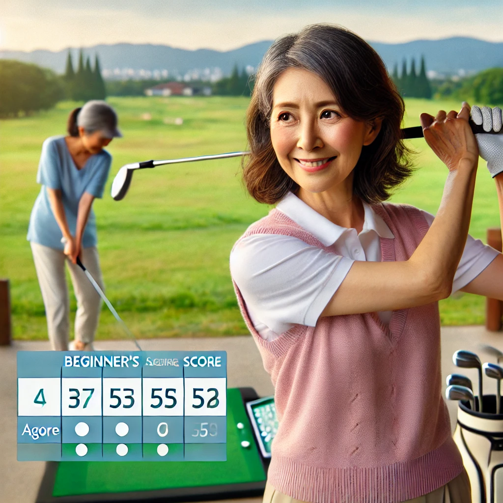 A-Japanese-woman-beginner-golfer-in-her-50s-practicing-her-swing-at-a-golf-course-showcasing-the-difference-between-a-beginners-score-and-average-sc.webp