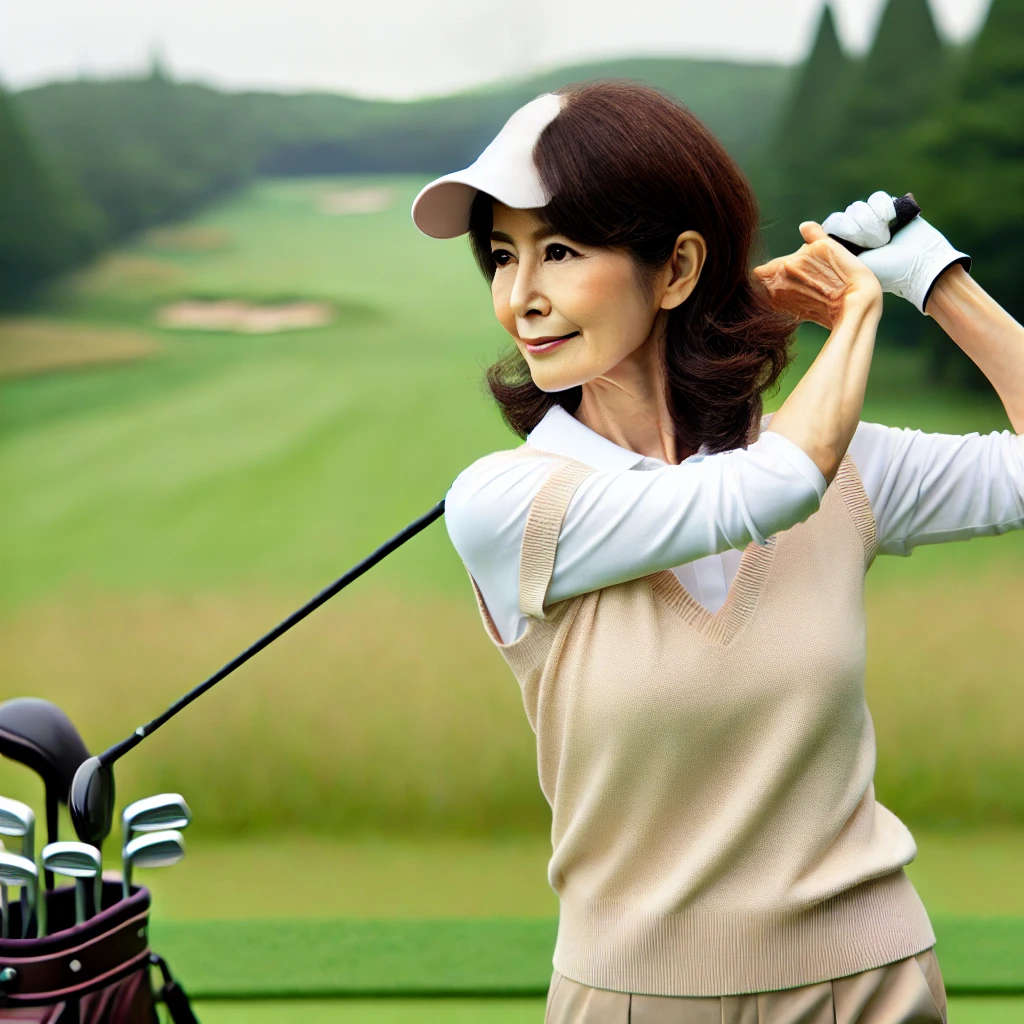 -A-50-year-old-Japanese-woman-golfer-playing-on-a-serene-golf-course-focusing-on-her-swing.-She-is-dressed-in-appropriate-golfing-attire-holding-a-cl.webp