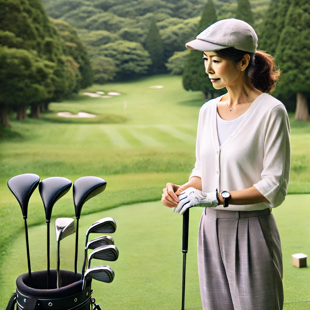 A-50-year-old-Japanese-woman-golfer-standing-on-a-serene-golf-course-preparing-for-her-course-debut-with-her-golf-clubs.-The-setting-is-peaceful-wit.webp