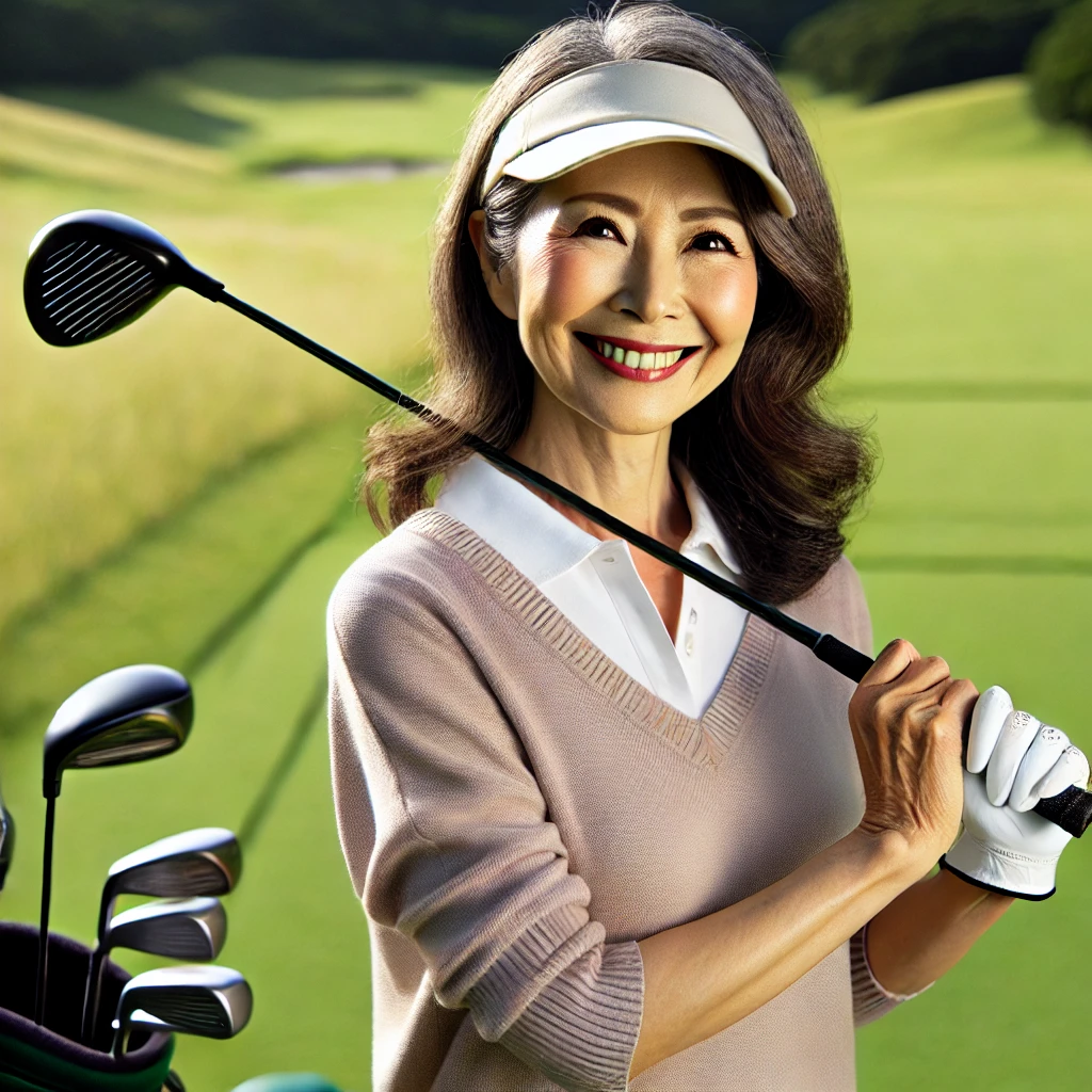 A-50-year-old-Japanese-woman-golfer-holding-a-lightweight-easy-to-use-golf-club-on-a-green-golf-course.-The-setting-shows-her-smiling-confidently-re.webp