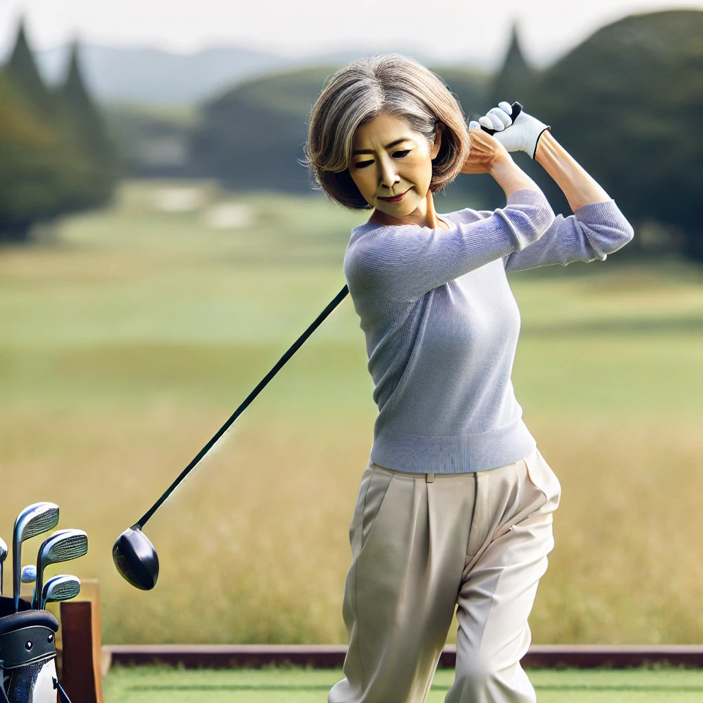 A-50-year-old-Japanese-woman-practicing-her-swing-to-increase-driving-distance.-She-is-using-a-driver-on-the-golf-course-focused-on-her-posture-and-s.webp