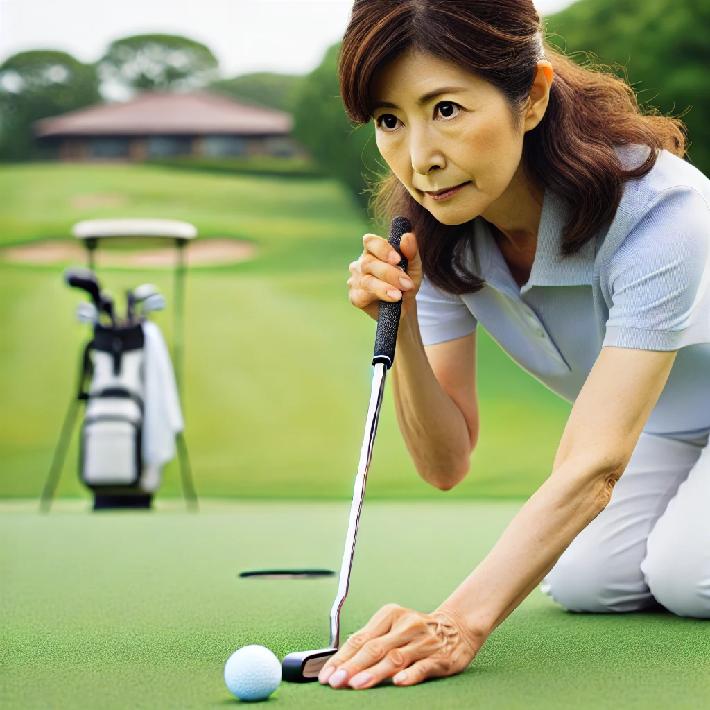 A-50-year-old-Japanese-woman-practicing-golf-drills-for-improving-her-score.-She-is-focused-and-practicing-her-putting-technique-on-a-practice-green.-.webp