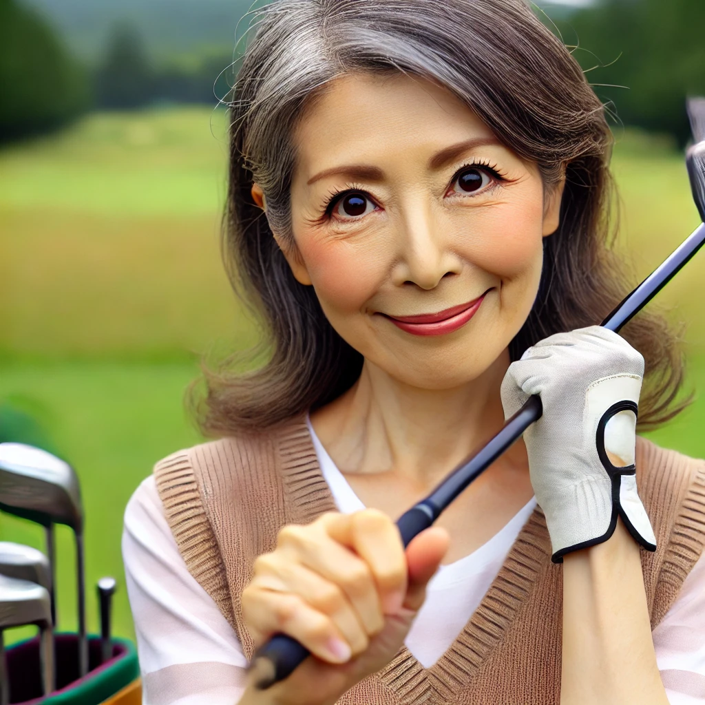 A-50-year-old-Japanese-woman-beginning-to-play-golf-at-a-beginner-friendly-golf-course-holding-a-golf-club-and-looking-enthusiastic.-The-background-s.webp