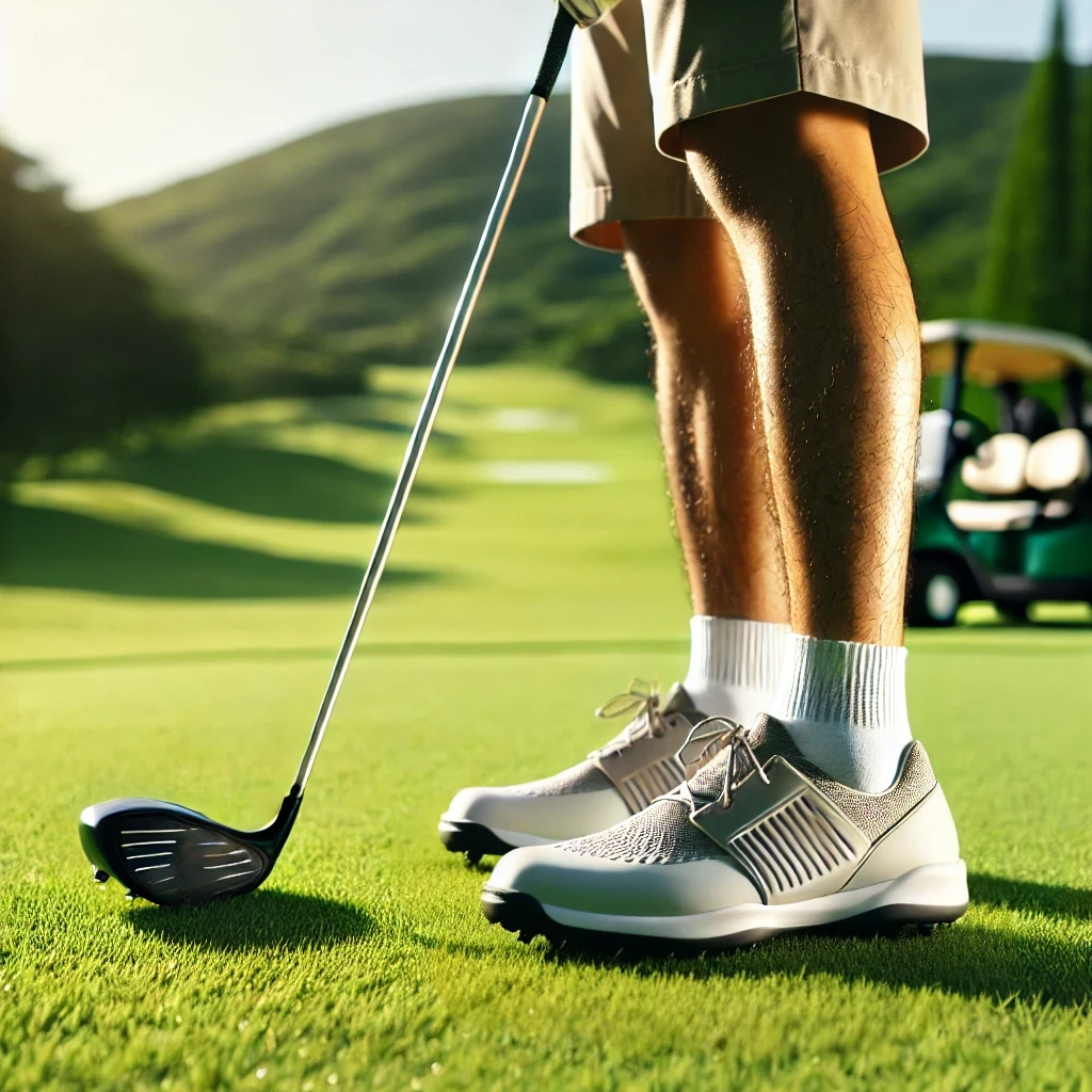 A-Japanese-golfer-standing-on-a-green-golf-course-wearing-spike-less-shoes.-The-golfer-is-about-to-swing-with-a-clear-focus-on-the-spike-less-shoes-.webp