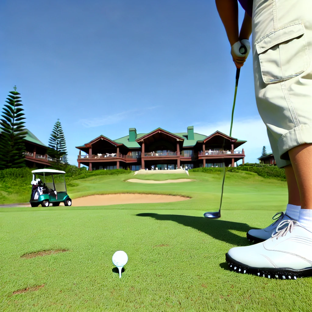 A-wide-shot-of-a-Japanese-golfer-playing-on-a-luxurious-well-maintained-golf-course-showing-a-golf-clubhouse-in-the-background.-The-golfer-is-wearin.webp