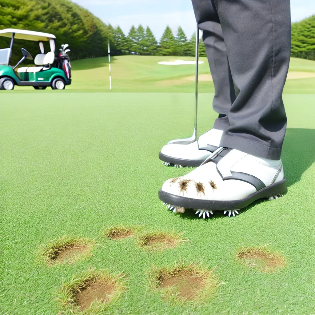 A-close-up-of-a-Japanese-golfer-wearing-metal-spike-shoes-on-a-golf-course-with-clear-damage-to-the-green-grass-showing-why-metal-spikes-are-prohibi.webp