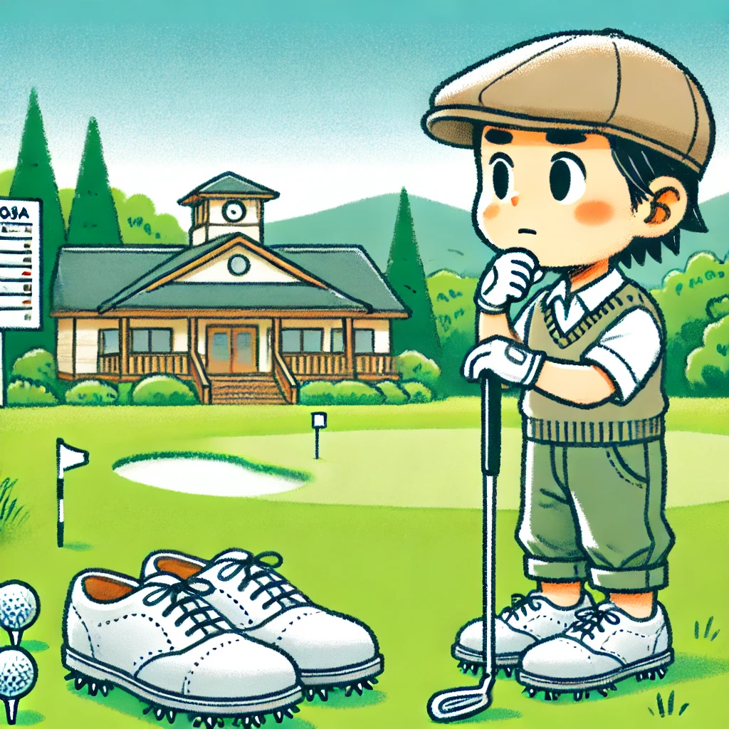 A-Japanese-golfer-standing-on-a-green-golf-course-wearing-spike-less-shoes-looking-towards-the-golf-clubhouse-as-if-questioning-whether-spike-less-s.webp