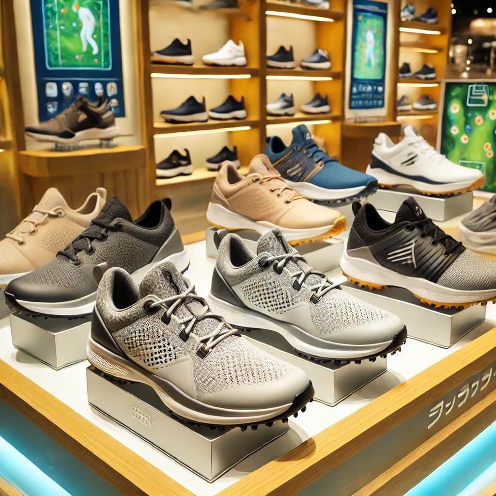 A-display-of-popular-and-recommended-spikeless-golf-shoes-in-Japan.-The-image-should-feature-a-variety-of-modern-stylish-spikeless-golf-shoes-arrange.webp