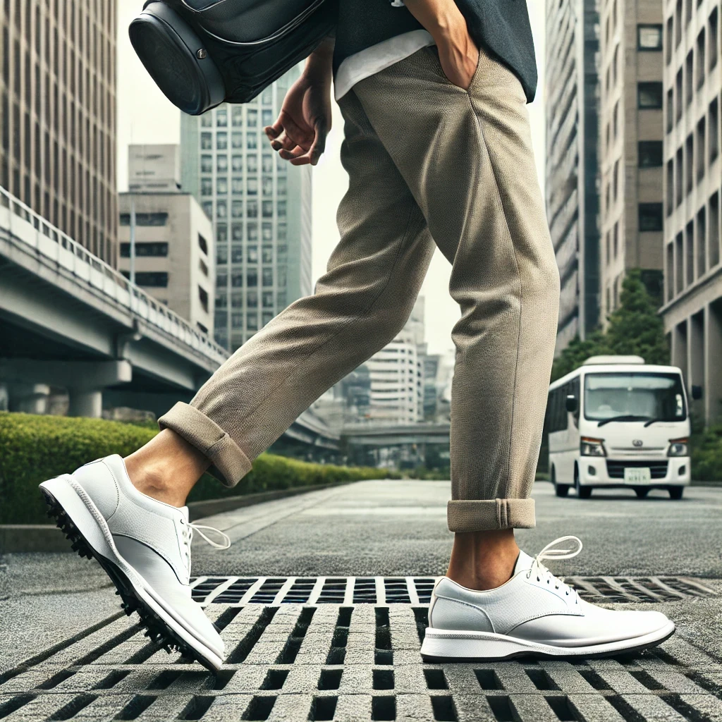 A-casual-Japanese-man-wearing-spikeless-golf-shoes-in-an-urban-setting-illustrating-the-versatility-of-the-shoes-for-everyday-use.-The-scene-shows-hi.webp