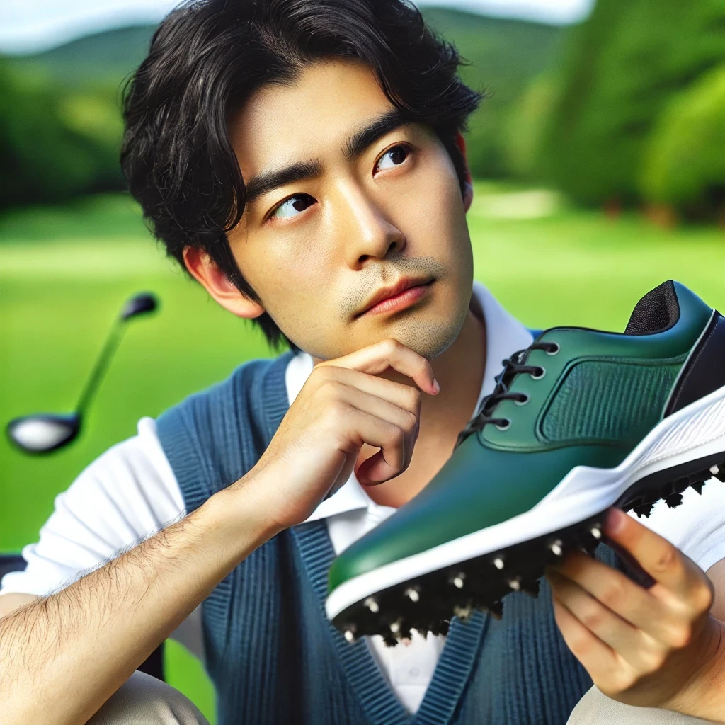 A-Japanese-golfer-analyzing-the-advantages-and-disadvantages-of-spikeless-golf-shoes-while-sitting-on-a-golf-course-showing-a-close-up-of-the-shoes-w.webp